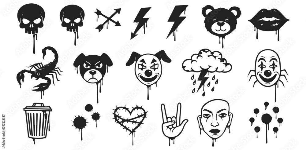 Naklejka premium Edgy Collection Black and White Gothic Drip Art Skull Scorpion Rain Cloud Creepy Clown and Heart Hand Sign Vector Art