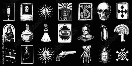 Collection of dark and mysterious graphic elements including skulls candles potions and occult symbols in black and white
