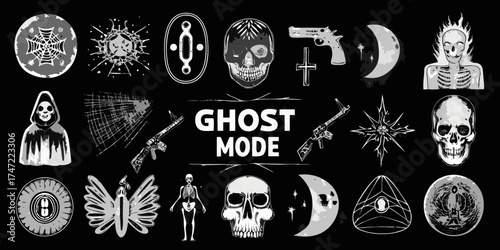 Collection of ghost mode themed icons and graphics featuring skulls weapons and celestial elements