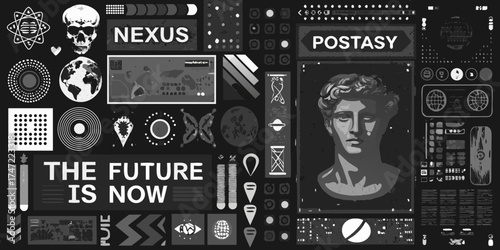 Futuristic collage of symbols and text featuring a classical bust and sci fi elements