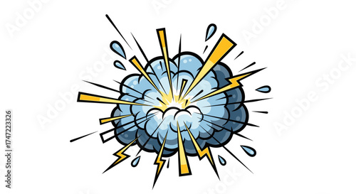 Cartoon explosion vector illustration with cloud lightning and water drops for graphic design asset use