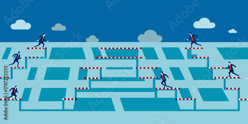 Businessmen overcoming obstacles and challenges on a complex maze like path with hurdles
