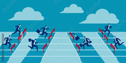 Businessmen racing over hurdles on a track representing competition and challenges in the corporate world