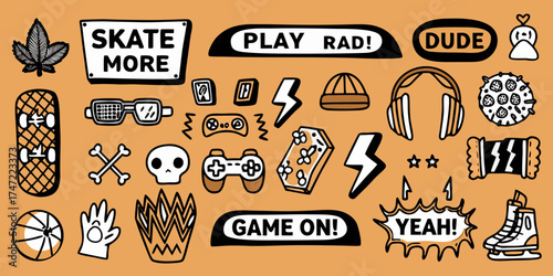 Collection of hand drawn doodles featuring skateboards video games and positive phrases on an orange background