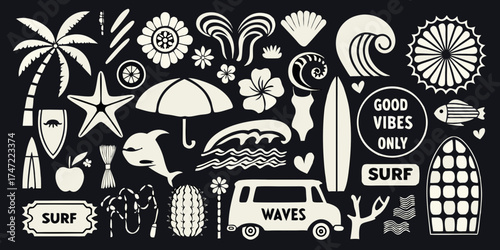 Collection of summer beach and surf elements with tropical vibes and good vibes only message