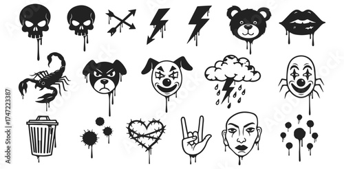 Edgy Collection Black and White Gothic Drip Art Skull Scorpion Rain Cloud Creepy Clown and Heart Hand Sign Vector Art