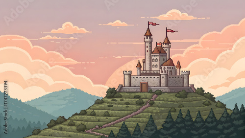 Pixel art castle on a hill, medieval fantasy style, pastel sky, flat pixel texture, parallax friendly