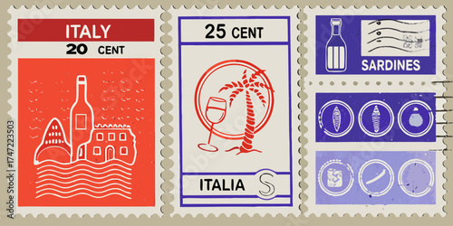 Collection of stylized postage stamps featuring italian landmarks food and drink symbols