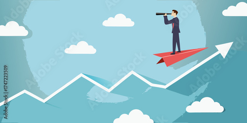 Businessman on paper airplane with telescope looking towards future growth and success on upward trend graph