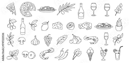Culinary Delights Pizza Pasta Wine More Italian Feast Fresh Seafood Garden Veggies Fruit Dessert Food Icons Collection