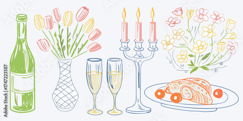 Romantic dinner setting with champagne flowers candles and food illustration
