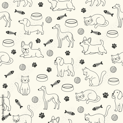 Cute dogs and cats with pet accessories in a seamless doodle pattern