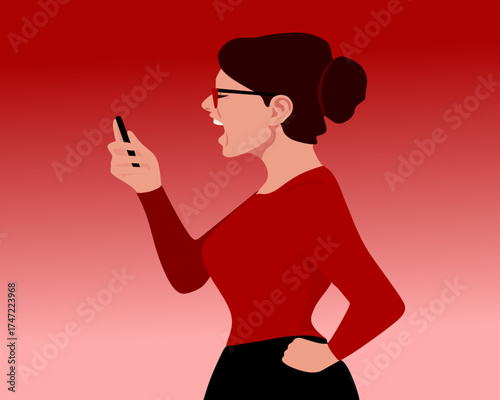 Angry Woman Shouting at Phone – communication stress concept.