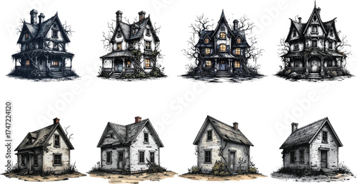 Collection of Spooky Haunted Houses and Abandoned Cottages Illustrative Art for Halloween and Horror Themes