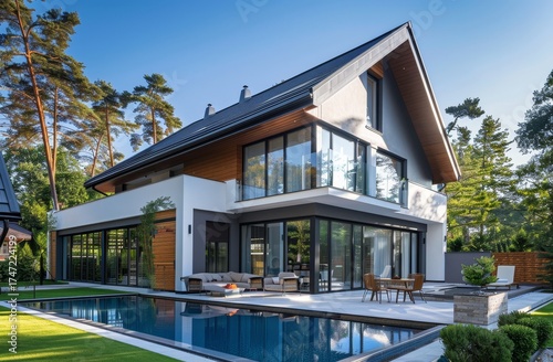 A contemporary house features large glass windows, a beautiful pool, and a garden in a tranquil forest setting under bright blue skies
