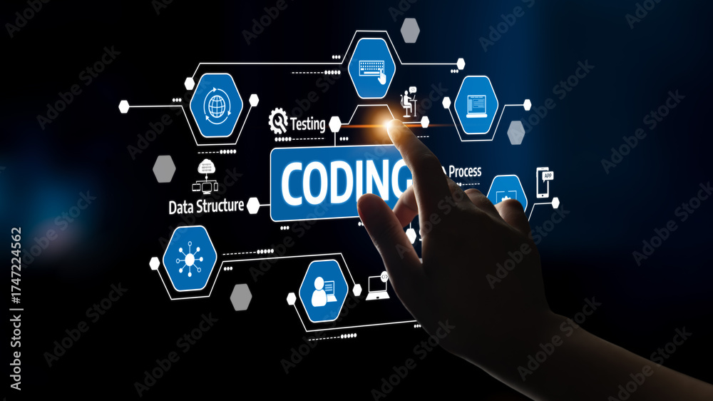 Fototapeta premium A modern coding interface showcasing touch interaction, with illustrations of data structures, testing, and software processes set against a dark background. Tessel