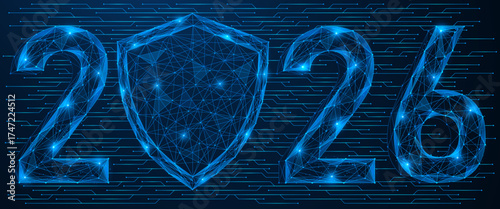 Digital intelligent protection 2026. Instead of zero, the numbers have a shield symbolizing cybersecurity and the sustainability of future technologies. Polygonal design, blue background.