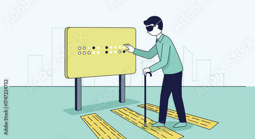 Blind man touching braille sign with cane and tactile paving