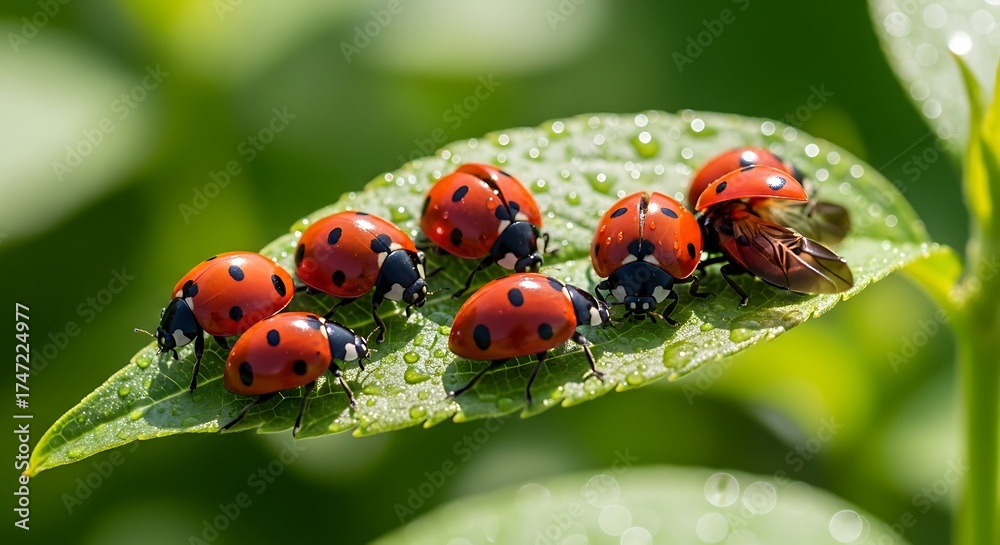 Obraz premium Ladybugs Gathering on a Green Leaf, Natures Tiny Wonders.