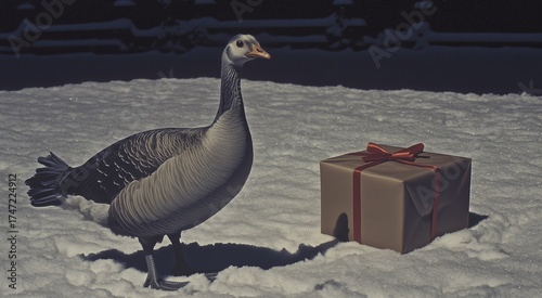 A Christmas Goose standing in snow near a wrapped present with a bow on top