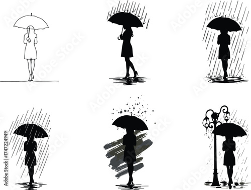Umbrella vector illustration, rainy day silhouette, abstract rain art, person holding umbrella, stylized poses, creative weather concept, stock design elements