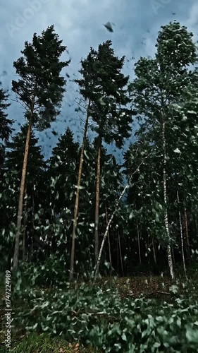 Trees swaying dramatically in strong wind before a storm arrives.