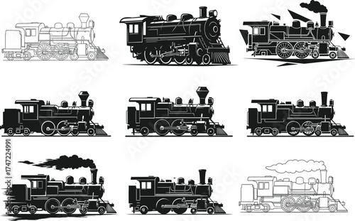 Vintage steam locomotive vector set, retro train illustration, monochrome railway engine icons, classic transportation design, antique steam-powered vehicle artwork