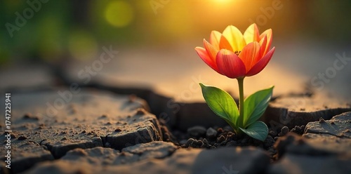 Vibrant Flower Blooming Through Cracked Earth A Symbol of Rebirth and Renewal