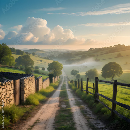 Scenic Countryside Road at Sunrise with Mist and Rolling Hills