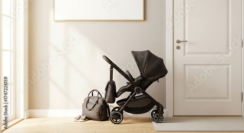 Modern baby stroller and diaper bag in a bright home interior.