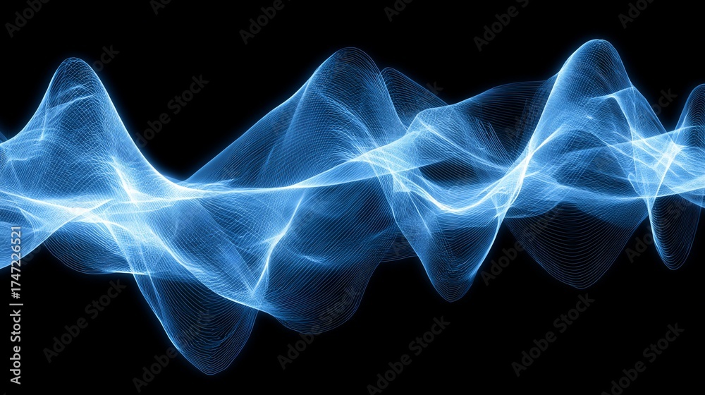 Fototapeta premium Abstract blue light wave effect on black background with flowing energy lines