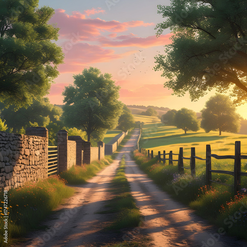 Scenic Countryside Road at Sunrise with Mist and Rolling Hills
