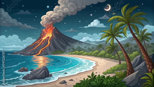 Volcano erupting beside ocean shore, bright lava meeting cool blue water, smoke drifting into starry night sky, cartoon vector style