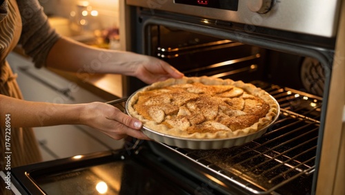 Woman pulls a hot apple pie out of the oven close up