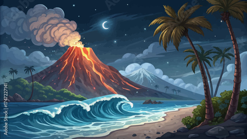 Cartoon tropical volcano erupting near blue ocean, glowing lava flows into sea waves, soft smoke and palm trees under night sky