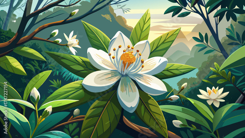 Very beautiful blooming white tea tree flower with delicate buds in an Australian forest, vector-style illustration highlighting natural textures, soft light, and serene botanical charm.
