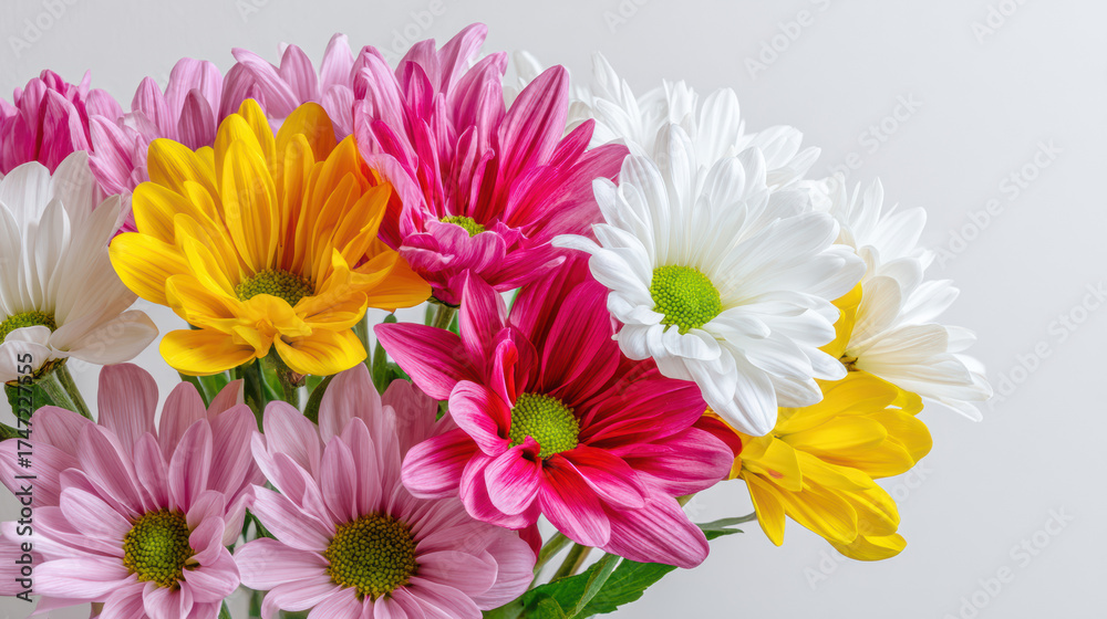 Obraz premium A vibrant and colorful bouquet of daisies featu pink, white, and yellow petals is beautifully arranged against a clean, bright backdrop, showcasing freshness.