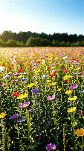 Wildflowers swaying gently in a meadow, a rainbow of colors under the sun.