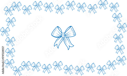 Delicate pale blue ribbon bows forming a decorative border around a central bow on a white background
