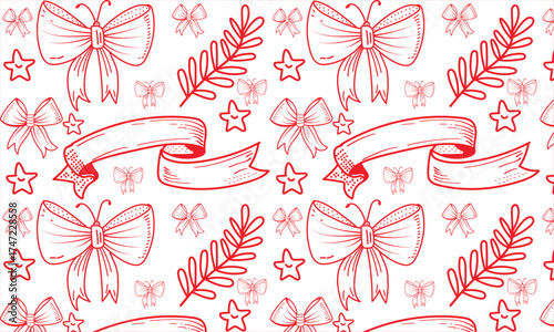 Seamless pattern of hand drawn pink bows ribbons and floral elements on a light background