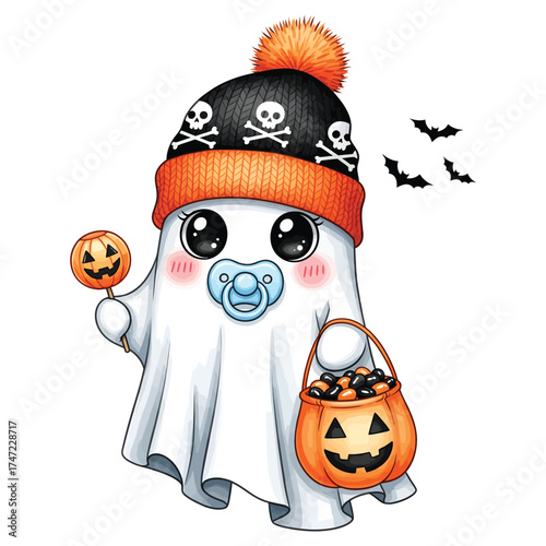 Adorable baby ghost in halloween hat with candy and pacifier