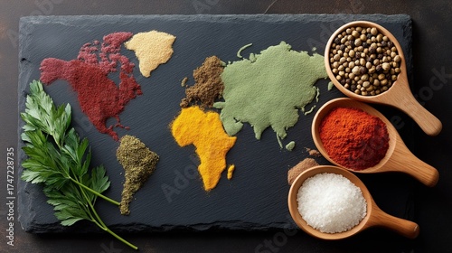 An artful arrangement showcasing a culinary map crafted from vibrant spices. Featuring an earthy base with colorful spices representing the continents on a dark stone slab and wooden spoons