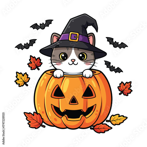 Cute halloween cat in a jack o lantern wearing a witch hat