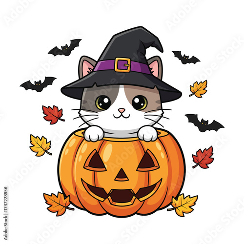 Cute halloween cat in a jack o lantern wearing a witch hat
