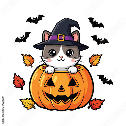 Cute halloween cat in a jack o lantern wearing a witch hat