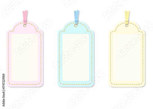 1. set of tags, price tags, name tags, in red, blue, and yellow