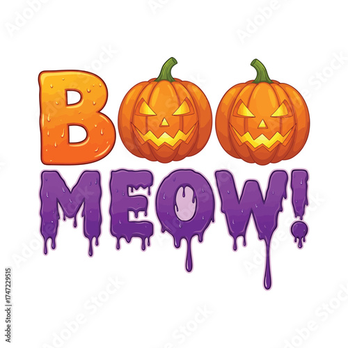 Spooky halloween boo meow with pumpkins and dripping letters