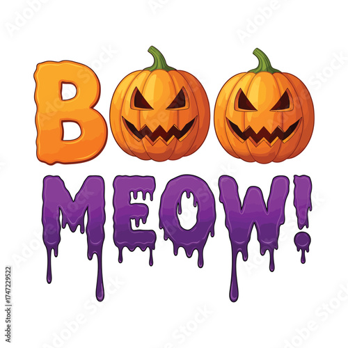 Spooky halloween boo meow with pumpkins and dripping letters