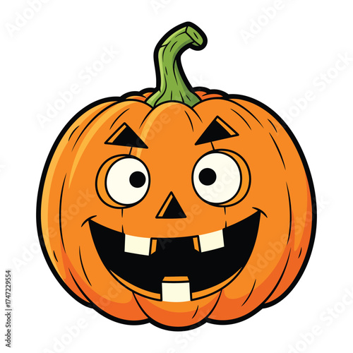 Funny cartoon pumpkin with a big grinning face and missing teeth