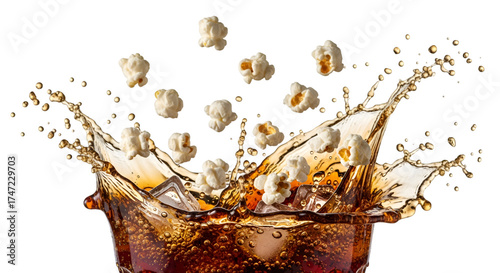 Popcorn and soda splashing together mid-air on white background, dynamic snack motion shot, clean and artistic.